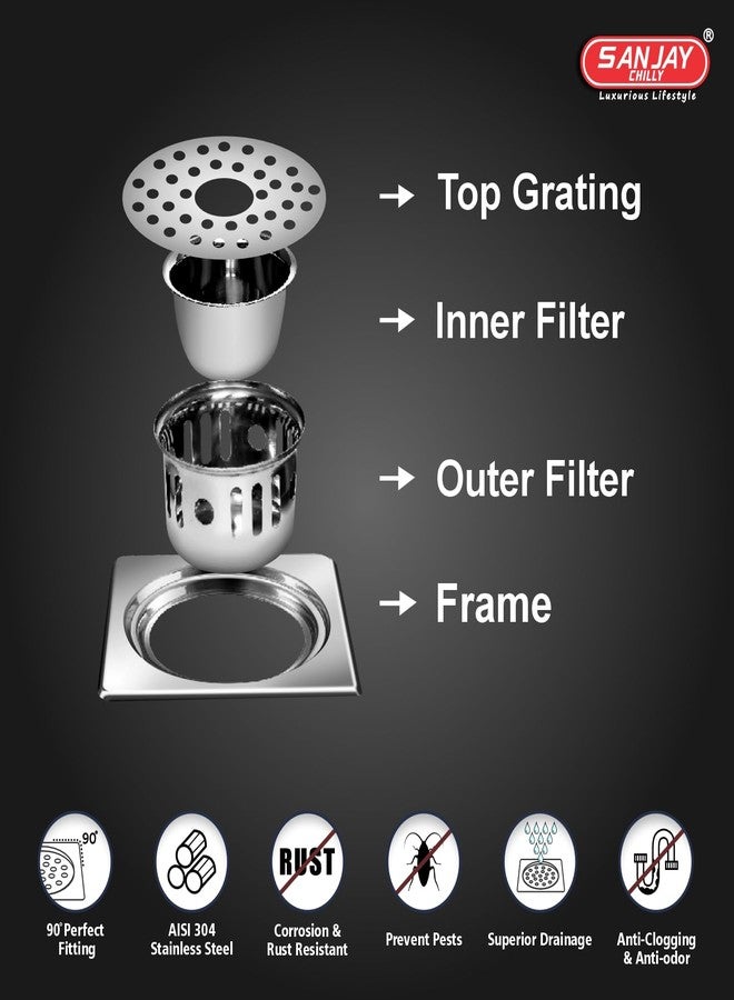 SANJAY CHILLY مصيدة صراصير أرضية من الفولاذ المقاوم للصدأ من سانجاي تشيلي مع فتحة أنبوب لتنظيف الحمام | مصفاة مياه صرف صحي من الدرجة 304 في حوض الاستحمام والمطبخ والمرحاض (مربع غجري 3 × 3 بوصة فضي) - Image 5